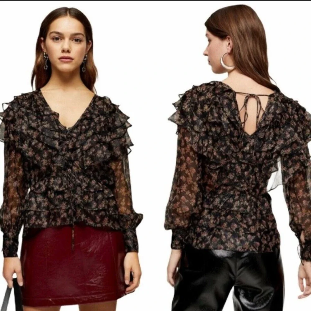 Topshop Tiered Ruffle Floral Button Front Blouse Size 2 - Picture 1 of 9